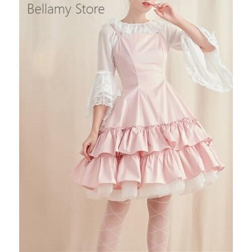 Lolita princess Retro Self cultivation Lotus leaf edge Big skirt daily routine Versatile braces skirt suit Shirt + Slip dress