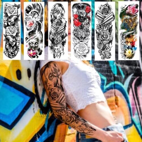 Black Full Arm Gangster Temporary Tattoos For Women Men Realistic Fake Rose Gun Mask Tatoos Body Art Legs Sleeve Tatoos Sticker