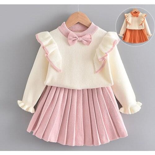 Baby girl winter knitted sweater short skirt suit girl warm sweater cute bow tie lace sweater pleated skirt girl two-piece suit