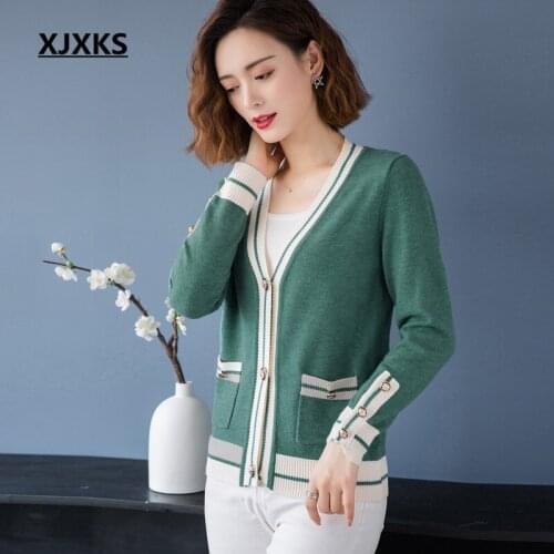 XJXKS Fashion V-neck striped knitted cardigan women sweater 2020 spring new high-end wool sweater women cardigan