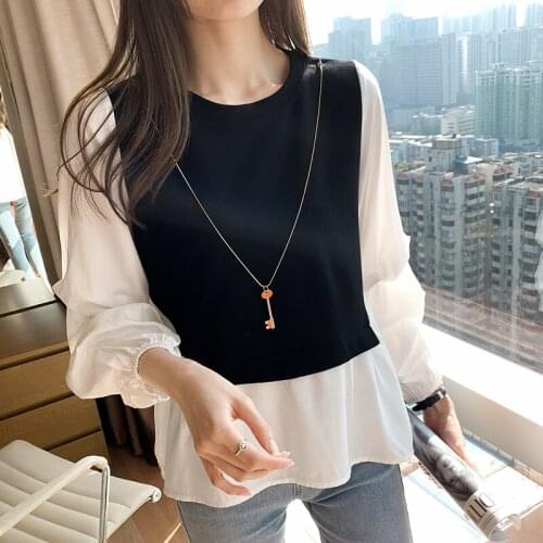 Patchwork Women Blouse O Neck Long Lantern Sleeve Elegant Blouses and Tops Plus Size Fake Two Piece Shirts blouses femme