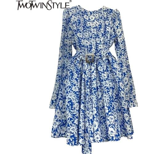 TWOTWINSTYLE Print Temperament Spring Dress For Women O Neck Long Sleeve High Waist Sashes Blue Dresses Female Fashion New 2021