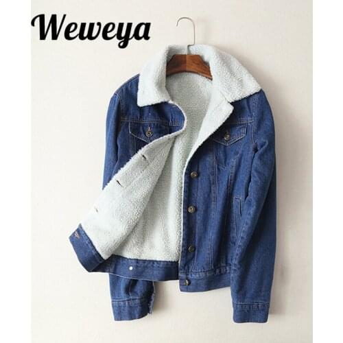 Weweya Winter Jackets Girls 2017 Womens Denim Jackets lambswool Jeans Coat Long Sleeves Warm Jeans Coat Outwear Loose Denim Coat