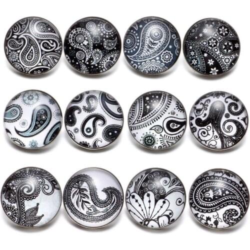 12pcs/lot Black&White Theme Multi Pattern Glass Charms 18mm Snap Button Charms For 18mm Snaps Bracelet Snap Jewelry