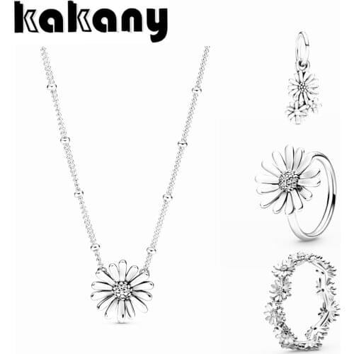 2020 High Quality 100% 925 Silver Original Retro Style Daisy Pendant Ring Necklace Elegant Diy Jewelry Mother Combination