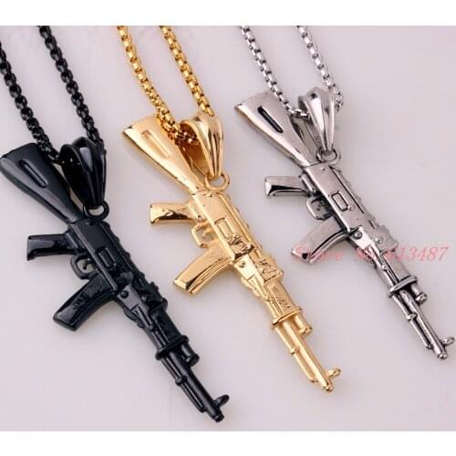3 Color Hip Hop Long Necklace Men Women Fashion Pistol Pendant Necklace 2016 HIP HOP Jewelry Gun Logo Pendant