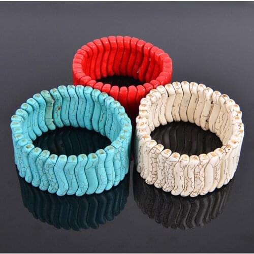 White Red Blue Stretch Howlite Bracelet Wrist Wrapped Wide Bracelets Fingernail Shape Stones Bangles for Men Healing JewelryB029