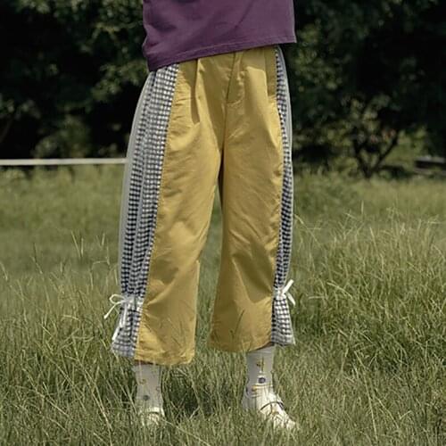 Retro Original Design Harajuku Wide Leg Pants For Women Casual Mesh Bow Patchwork Ladies Cotton Pant Capris Yellow Ankle Length
