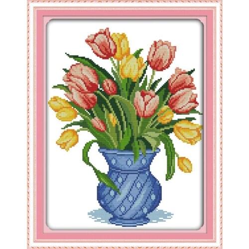 Flowers Tulip Vase (2)Cross Stitch Kits 14CT White Canvas 11CT Accurate Printed Embroidery DIY Handmade Needle Work Home Decor
