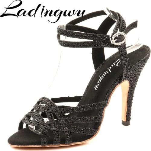 Ladingwu Tango Dance Shoes Black Glitter Rhinestones Latin Ballroom Dance Shoes Party Salsa Shoes Customizable Leather Sole