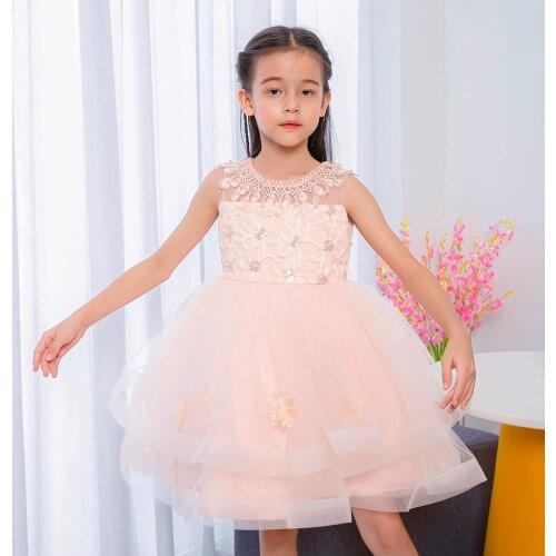 Summer Pink Flower Dress Children Beading Kids Dresses For Girls Princess Evening Party And Wedding Tutu Dress Sleeveless Gown