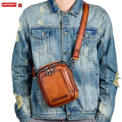 Cowhide Leather Mens Hnadbags Shoulder Bag Vintage Messenger Bag Stylish Casual Male Small Crossbody Bags