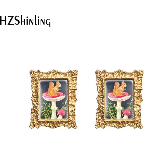 2020 New Squirrel Mushroom Stud Earring Chipmunk Art Animal Retro Earrings Vintage Glass Cabochon Photo Jewelry
