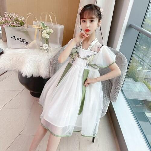 New Floral Embroidery Sleeveless Girls Dresses 3-13 Years Old Childrens Clothing Chinese Style Summer Kids Princess Dress