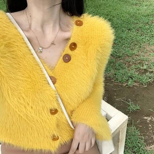 Autumn And Winter Faux Mink Sweater Cardigan Womens Short Sweater Coat Fashionable Fluffy V-neck Button Sweater Lazy Knit Top