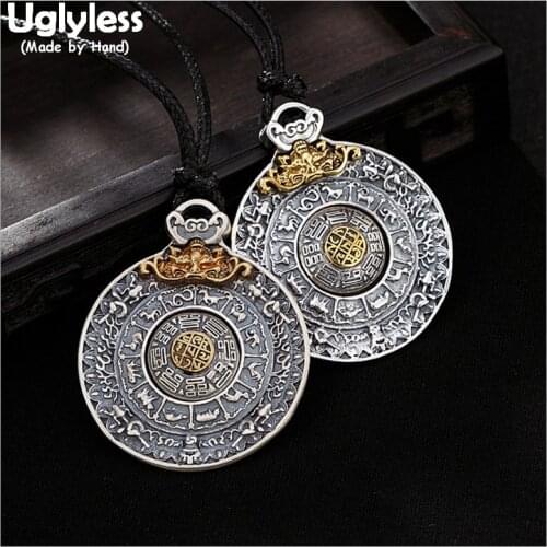 Uglyless 100% Real Solid 925 Sterling Silver Zodiac Pendants Necklaces NO Chains Buddhism Thai Silver Round Pendant Fine Jewelry