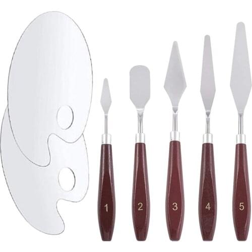 PPYY-7Pcs/Set Stainless Steel Oil Painting Knives Artist Crafts Spatula Palette Knife&Acrylic Paint Palette with Thumb Hole