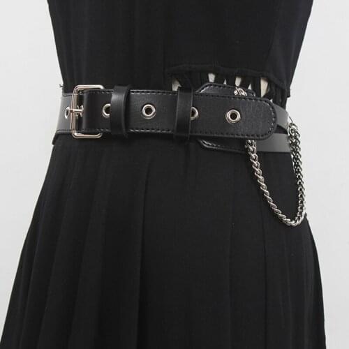 Pu Leather Black Metal Chain Long Wide Womens Belt Personality Belts for Women New Fashion Tide All-match Spring Autumn 2021