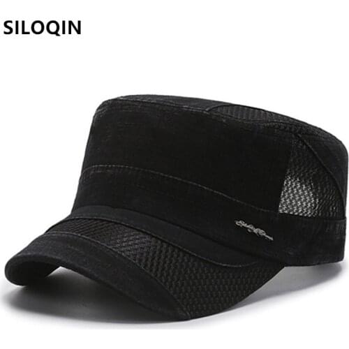 SILOQIN Adjustable Size Men Flat Cap Summer Breathable Mesh Military Hats Washed Cotton Navy Hat Snapback Cap Casual Sports Caps