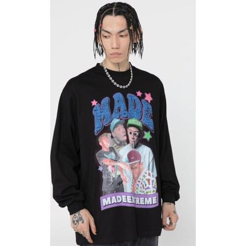 Men Hip Hop Sweatshirt Harajuku T Shirt Vintage Foam Print Rapper Characte Long Sleeve Cotton Pullover Streetwear Oversize Tops