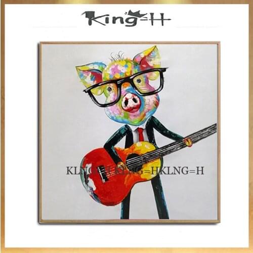 Top Artist Pure Hand-painted Modern Art Music guitar pig Oil Painting on Canvas Abstract Funny Animal pig home Decoration