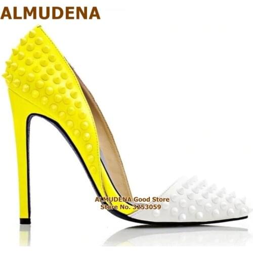 ALMUDENA Yellow Pink Rivets High Heel Shoes Pointed Toe Patchwork Studded Dress Pumps Runway Fashion Stiletto Heels Party Shoes