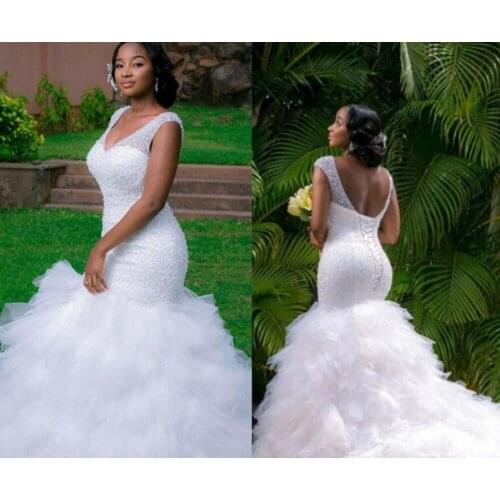 Vintage Plus Size Mermaid Wedding Dresses Beading Sheer Deep V Neck Backless Corset Ruffles Tulle Spring Garden Wedding Bridal