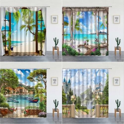 Ocean Scenery Shower Curtains Ldyllic Building Flower Plant Spring Landscape Bathroom Curtain Waterproof Fabric Bathtub Screen
