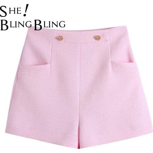 SheBlingBling Women Fashion Button Decoration Pink Tweed Woolen Hot Shorts Female Streetwear Chic Side Zipper Pantalone Cortos