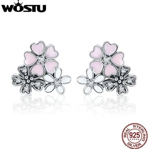 WOSTU Hot Sale 925 Sterling Silver Poetic Cherry Blooms Flowers Stud Earrings for Women Fashion Original Silver Jewelry BKE400