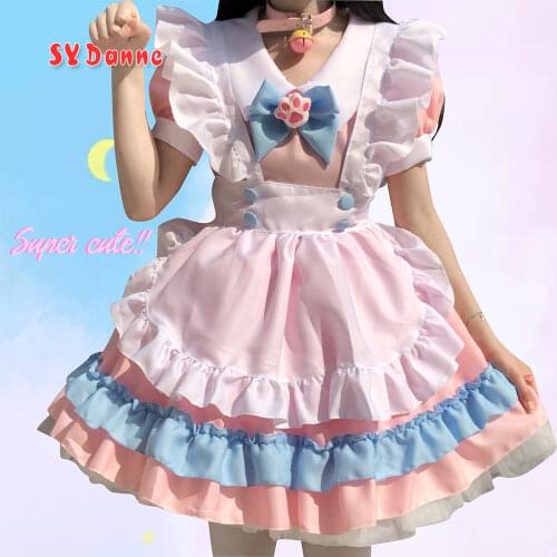 Women Maid Outfit Anime Cute Cat Pink Blue Lace Trim Apron Cat paw Lolita Dresses Cosplay Costume Full set plus size 4XL