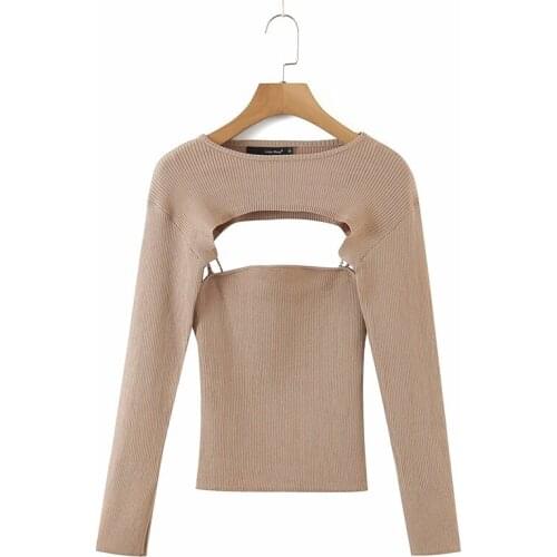 2021 Women High Quality Vintage Solid Color Short Camisole Round Neck Long Sleeve Knitting Two-Piece Casual Suit