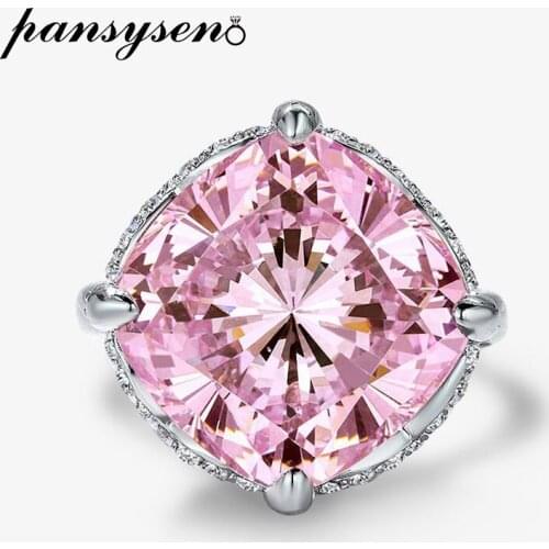 PANSYSEN 100% 925 Sterling Silver 14MM Square Sapphire Created Moissanite Diamond Wedding Rings for Women Fine Jewelry Wholesale