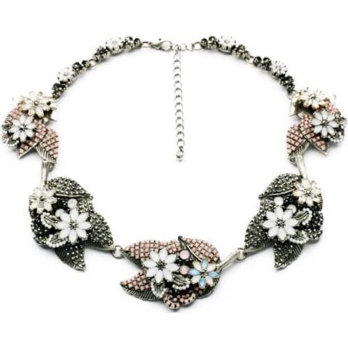 The Most Popular Extravagant Elegant Women Party Resin Glass Flower Antique silver color ColorChoker Necklace