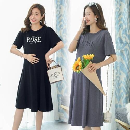 32433# Maternity Clothes Summer Cotton Short Sleeves Loose Letter Printing Dress Pregnant Women Pregnancy Clothes