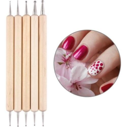 5Pcs/Set Wooden Handle Nail Double Head Dotting Pen Marbleizing Professional Nail Art Tool Set