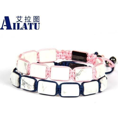 Ailatu Wholesale Mens Luxury Brand Jewelry 10pcs/lot 8x12mm White Howlite Marble Stone Square Macrame Bracelets Couples Gift