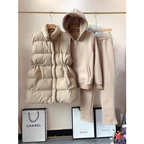 Amolapha Women 2021 Winter Warm Vest Coats + Fleece Zip Hooded Jackets +Trousers 3PCS Sets Thick Tracksuits