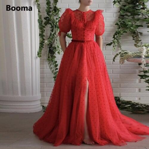 Booma Red Polka Dots Tulle Prom Dresses Short Puff Sleeves Ruffles Slit A-Line Wedding Party Dresses with Pockets Prom Gowns