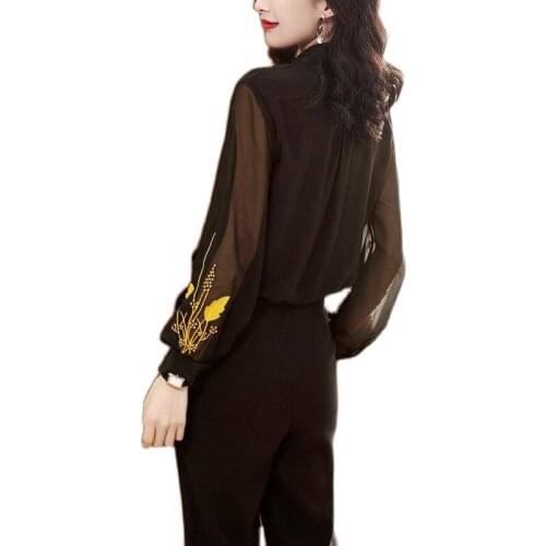 Black chiffon embroidered shirt womens spring and summer 2021 new long-sleeved shirt temperament thin loose embroidered tops