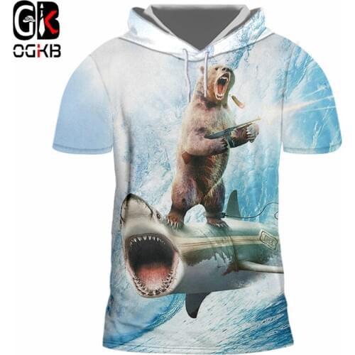OGKB Summer Funny Print Shark Bear 3d Hooded Tshirt For Men/womens Hiphop Streetwear Punk Short Sleeve Crewneck Pullover Hoody