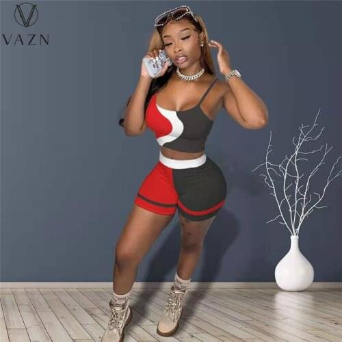 VAZN 2021 Hot Patchwork Spaghetti Strap Sleeveless Set Short Pants Women 2 Piece Set Gym Clothing Suit Women Active Wear