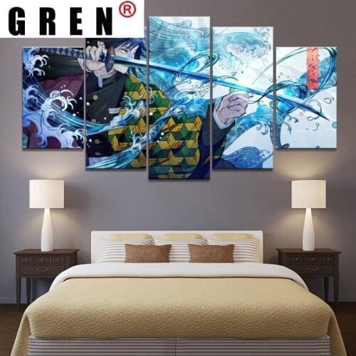 GREN 5 Panel Anime Charater Demon Slayer Pictures Poster Wall Art Home Decor Modular Canvas HD Paintings Living Room Decoration