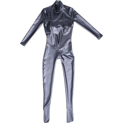 Plus Size Long Sleeve PU Latex Ammonia Catsuit Bodycon Jumpsuit Zipper Open Crotch Bodysuit Body Shaper Playsuit Unitard Cosplay