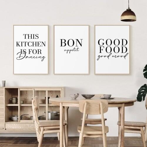 Minimalist Good Food Good Mood Bon Appetit Quotes Canvas Painting Black White Wall Art Poster Print Pictures Kitchen Home Decor