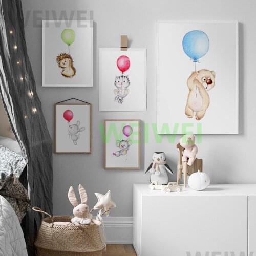 Cartoon watercolor bear rabbit hedgehog koala balloon nordic poster kids room decoration kindergarten wall wall stickers WEIWEI