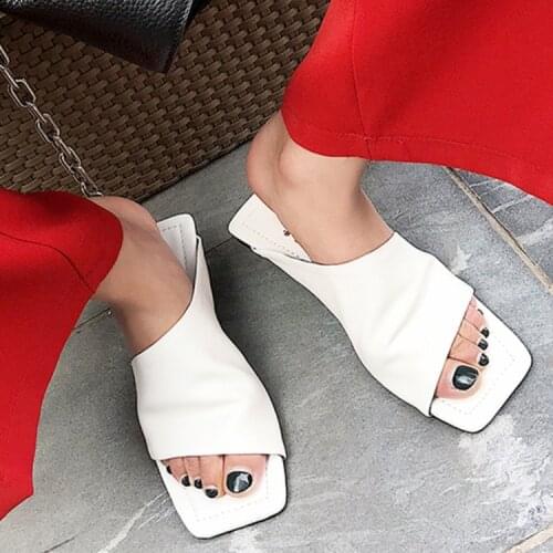 Vintage Square Toe Flat Mules Soft Leather Summer White Slippers Shoes Women Casual Slides 2019