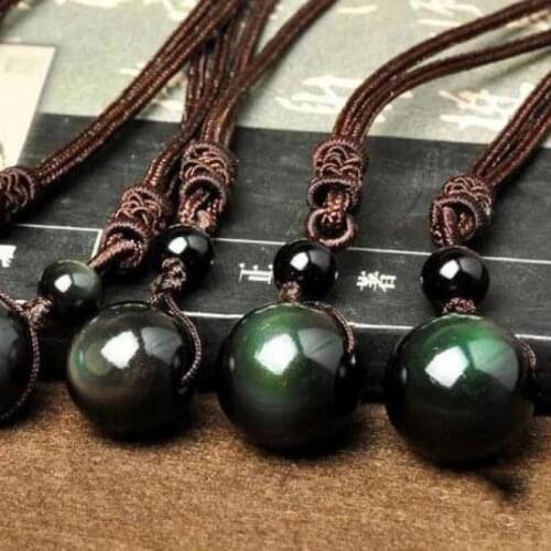 Natural Black Rainbow Eye Obsidian Sphere Pendant Necklace Transfer Good Lucky Love Energy Gift