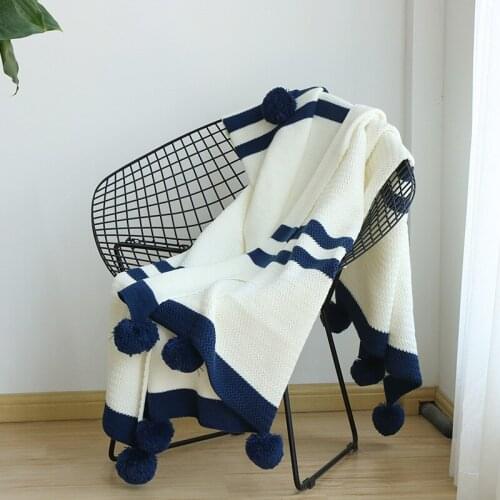 New Fashion High Quality White Navy Blue Stripe Yarn Knitted Blanket Handmade Pompon Home textile decoration