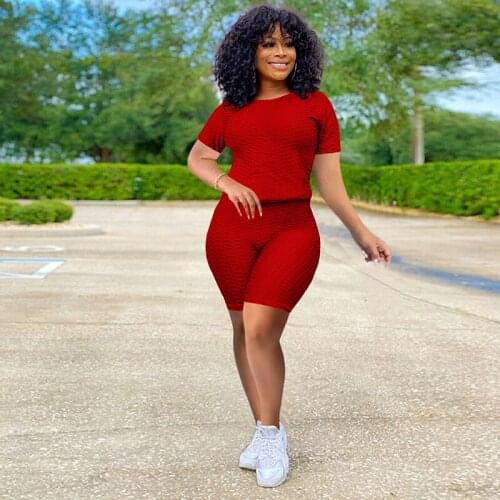 2021 newest arrival Womens Clothing Set Short Sleeve Round Neck T-shirt and Shorts Two-piece Suit for Yoga Sports Fitness